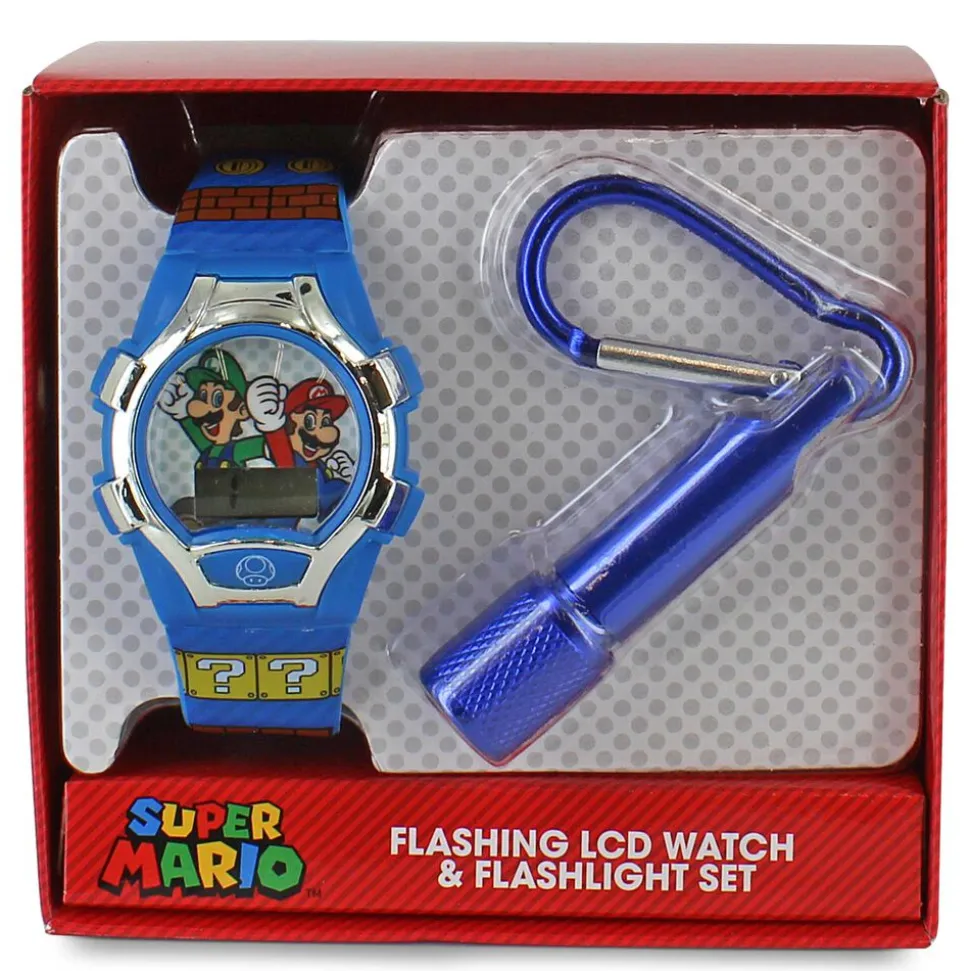 Super Mario Flashing LCD Watch And Flashlight Set